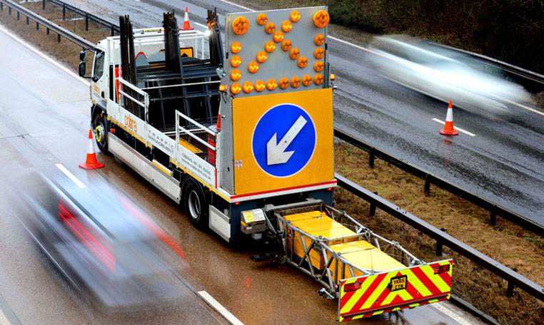 A Cobra Traffic Management impact prevention vehicle working on a high speed traffic management site